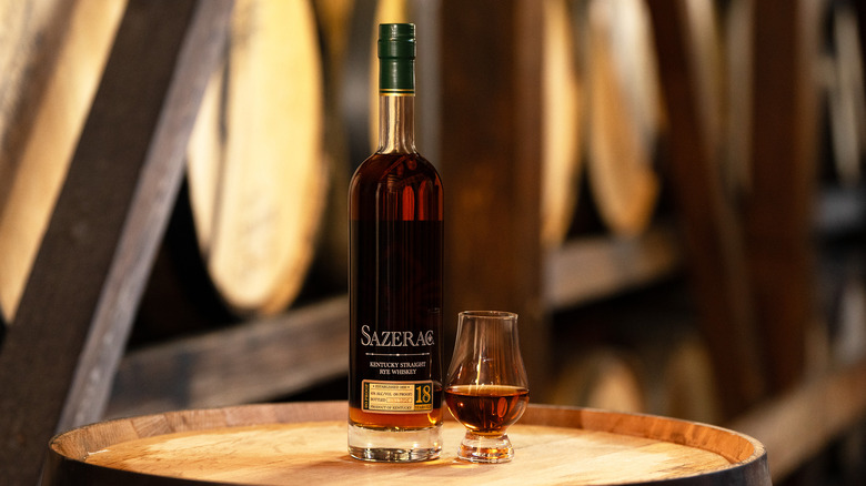 bottle of Sazarac Rye 18-year-old with glencarin glass in distillery, Buffalo Trace Antique Collection 2025