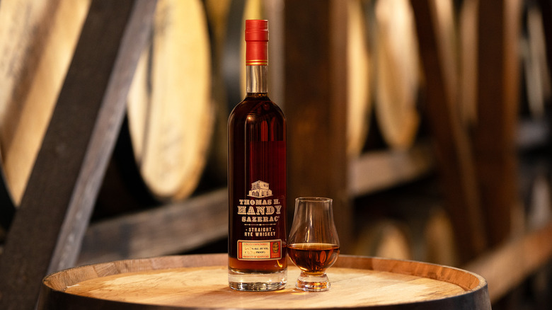Thomas H. Handy bottle and glencarin glass in barrel room, Buffalo Trace Antique Collection 2025