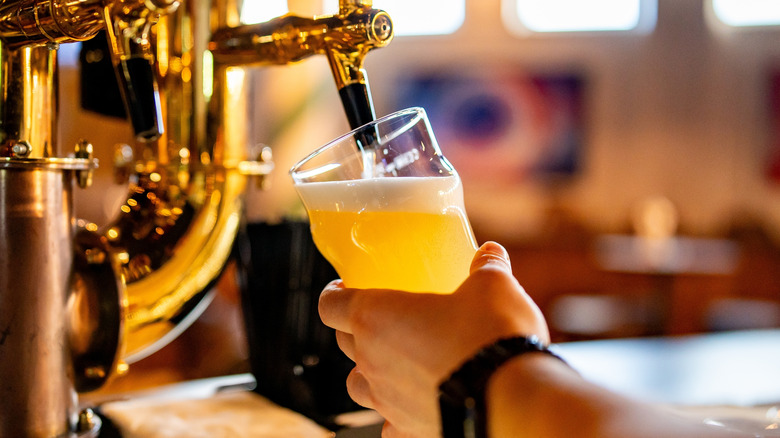 Person pouring draft beer from tap