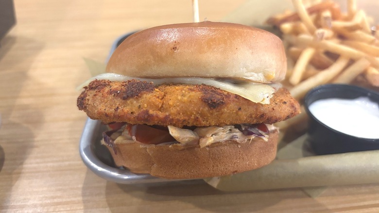 Close-up of Kickin' Chicken Sandwich on tray at Buffalo Wild Wings