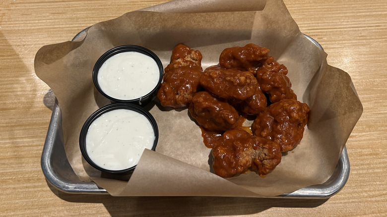 Buffalo Wild Wings boneless wings with Hot BBQ sauce.