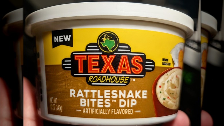Close-up of the side of the package of Texas Roadhouse Rattlesnake Bites Dip