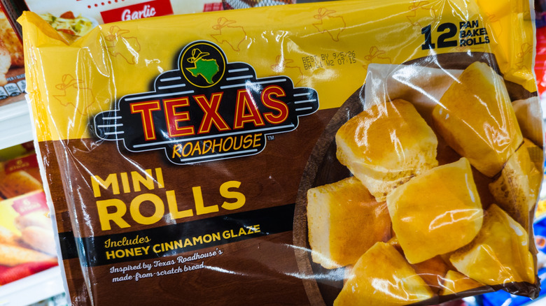 Package of frozen mini rolls by Texas Roadhouse, pictured in a store