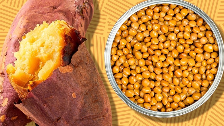 Baked sweet potato next to a top-down view of an open can of lentils