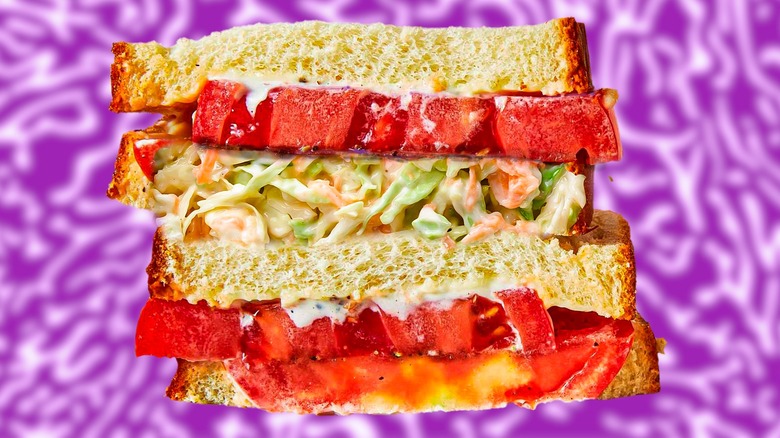 sandwich with tomato, slaw and mayonnaise