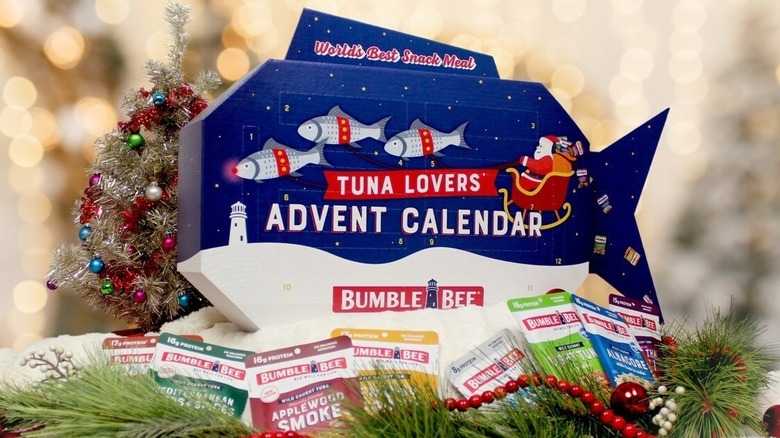 Bumble Bee fish-shaped Tuna Lovers Advent Calendar with festive holiday decorations