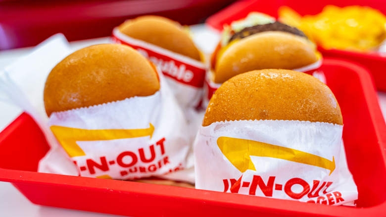 In-N-Out Burgers wrapped and sitting in a tray