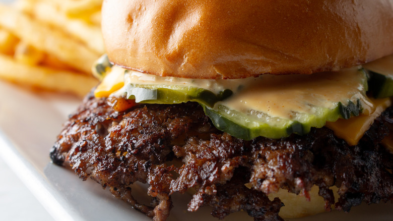 A close-up of a smashburger with pickles and sauce and fries on the side