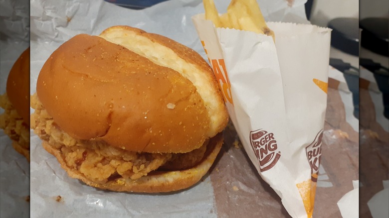Close-up of a Royal Crispy Chicken sandwich from Burger King with fries