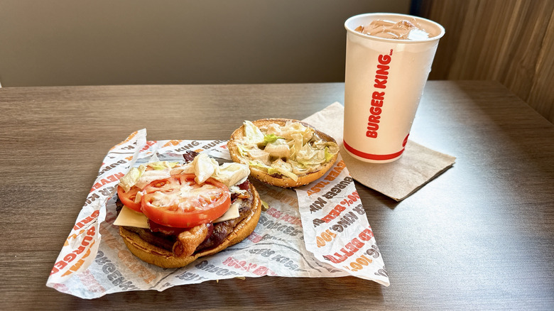 Burger King Peppercorn BLT Whopper opened to display toppings