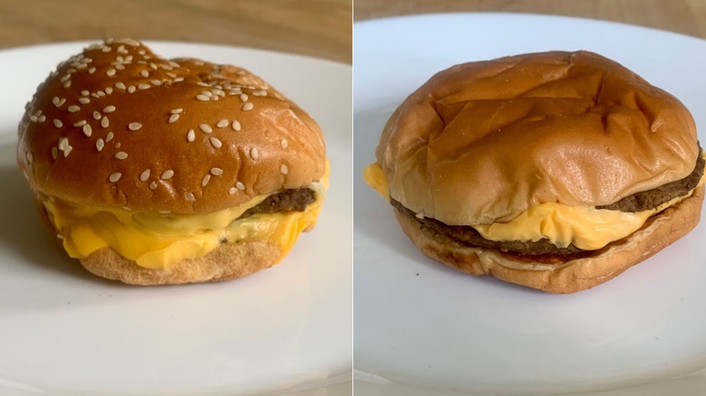 a splitscreen image of a Burger King double cheeseburger and a McDonald's double cheeseburger