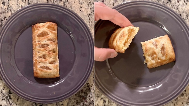 a whole McDonald's baked apple pie sits on the left and a McDonald's baked apple pie cut in half sits on a purple plate on the right with half of the pie lifted up