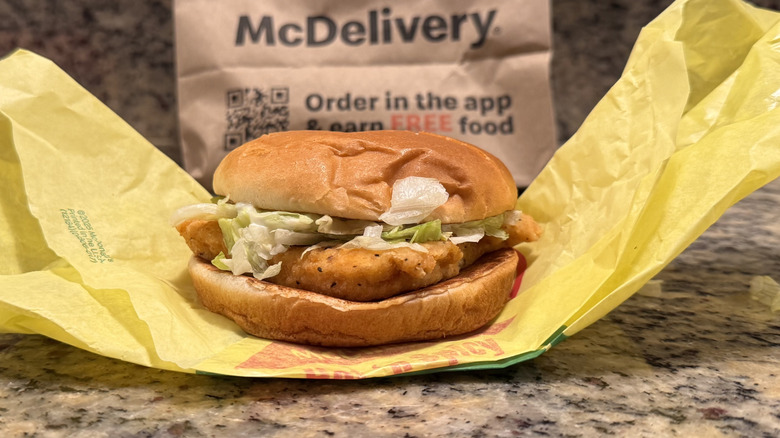McChicken sandwich on wrapper sitting on counter