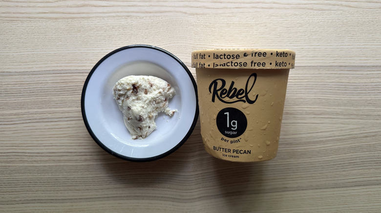 Rebel Butter Pecan Ice Cream on wooden table
