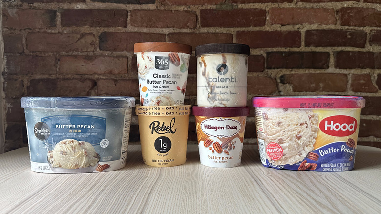 Butter pecan ice creams on wooden table
