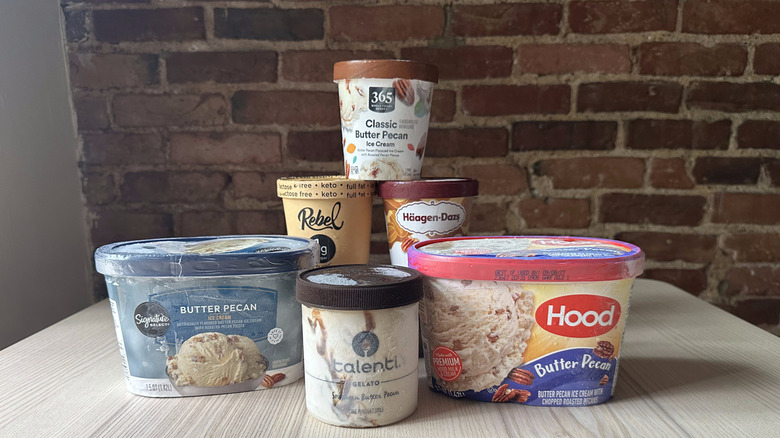Butter pecan ice creams on wooden table