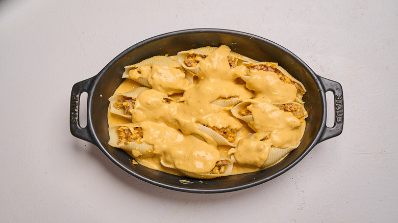 stuffed shells topped with butternut squash sauce