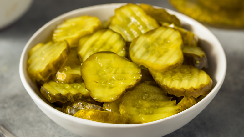 bowl of pickle chips