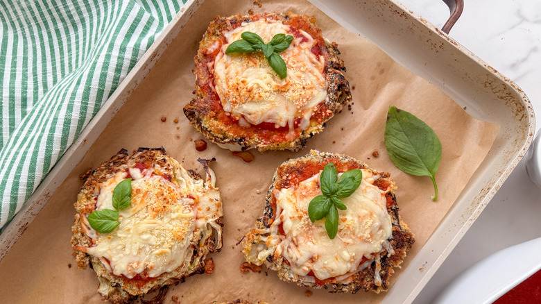 finished cabbage parmesan on sheetpan