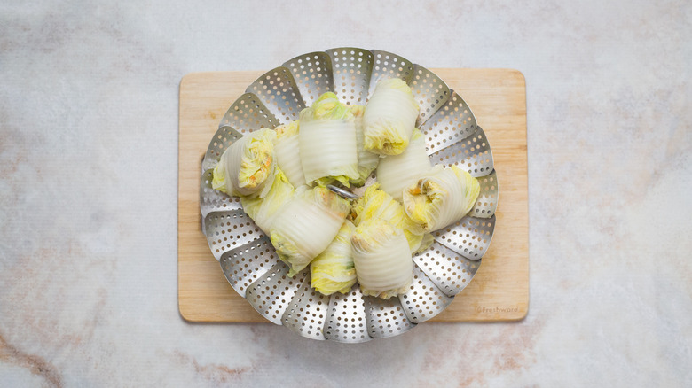 cabbage rolls in steamer basket