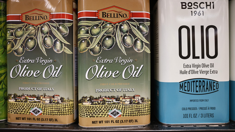 Imported Italian olive oil bottles with various labels.