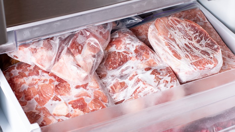 Frozen meat in freezer