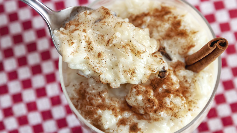 Spoon dipping into a bowl of rice pudding with cinnamon