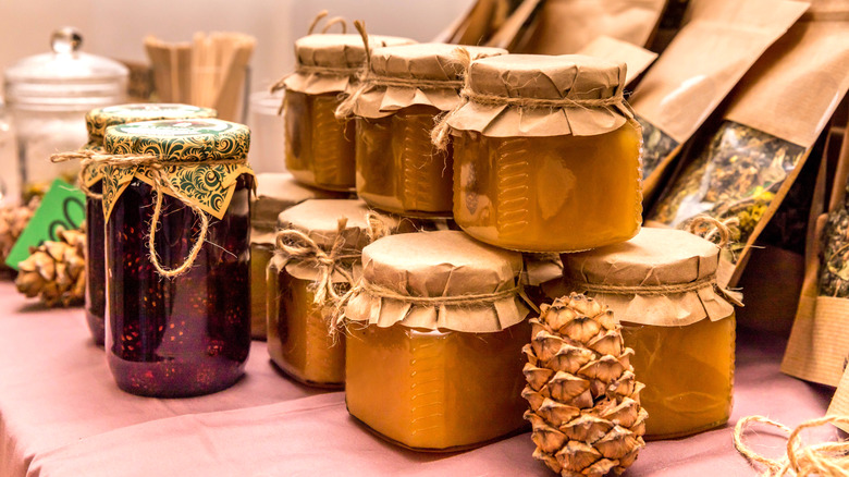 Honey and jams in sealed glass jars