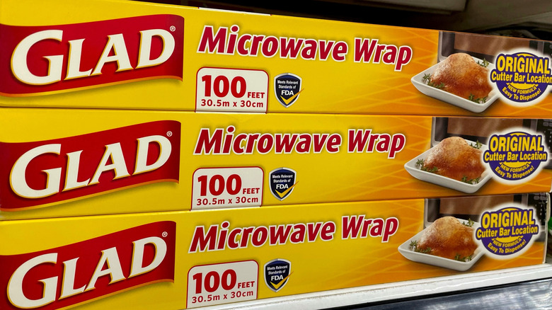 A stack of Glad Microwave Wrap on a shelf at a store
