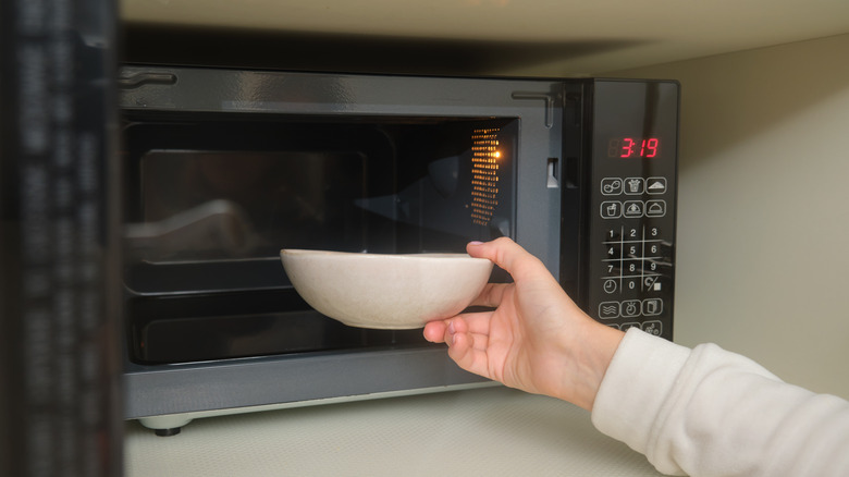 Hand placing ceramic bowl in microwave