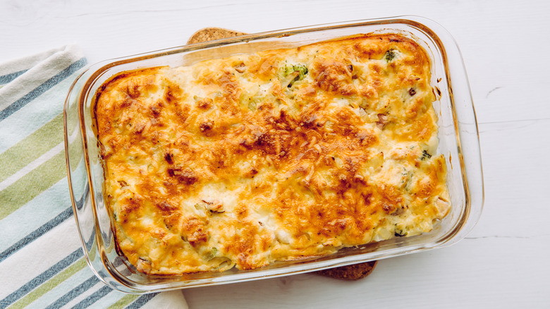 overhead view of casserole in glass dish