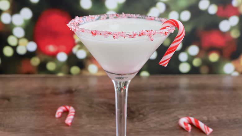 candy cane martini cocktail in martini glass