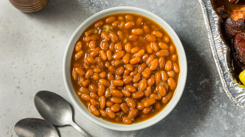 A bowl of baked beans on a table