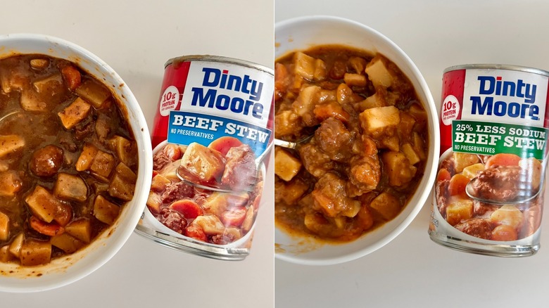 Split photo of two Dinty Moore canned beef stew options on a table.