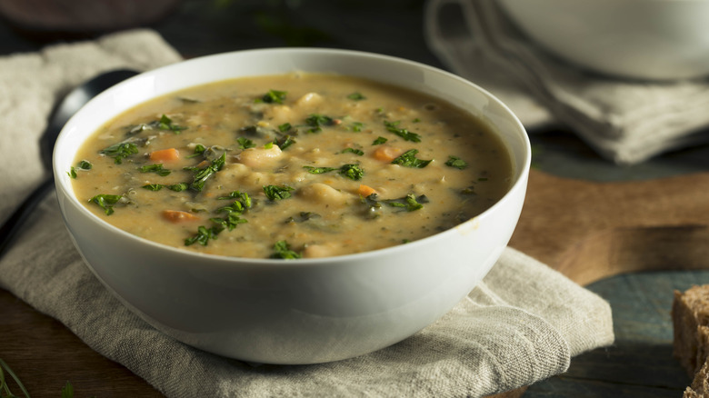 bowl of creamy soup with white beans