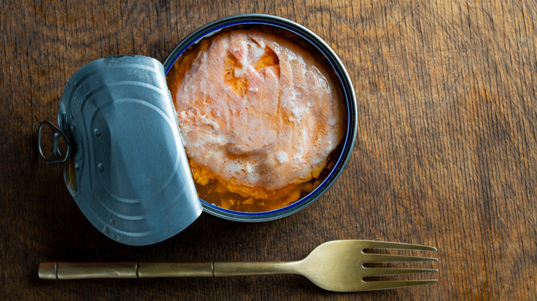 Top-view of canned salmon