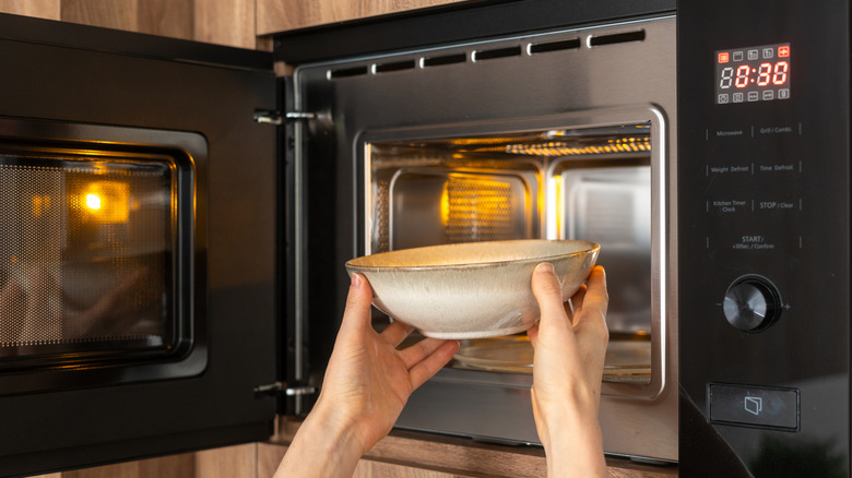 Hands placing a bowl in the microwave