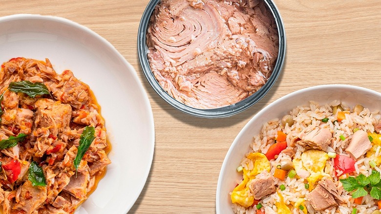Top-down view of canned tuna and two canned tuna stir-fries