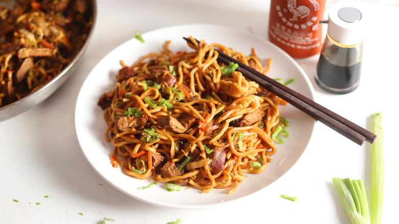 plated lo mein with pork
