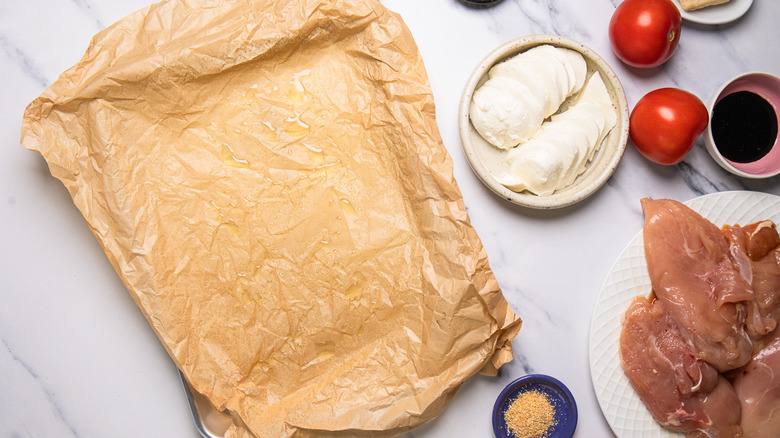 Parchment paper covered baking sheet