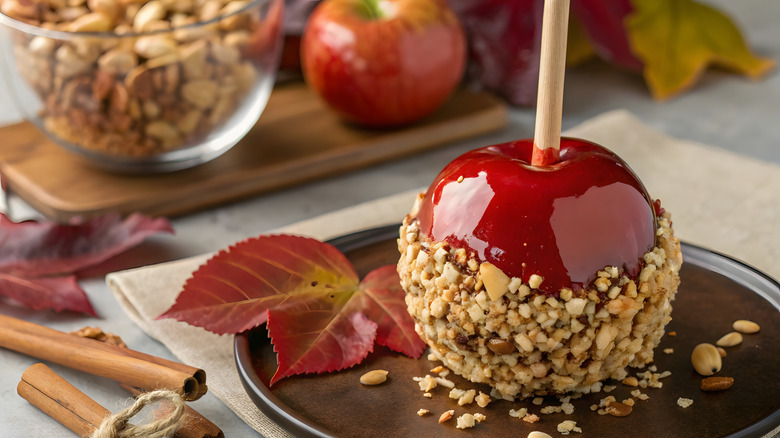 A caramel apple covered in chopped peanuts on brown plate
