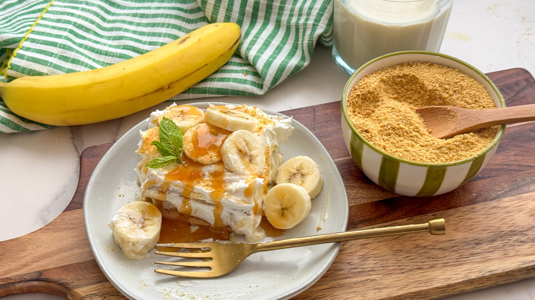 slice of caramel banana icebox cake on plate