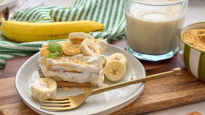 piece of banana icebox cake on plate