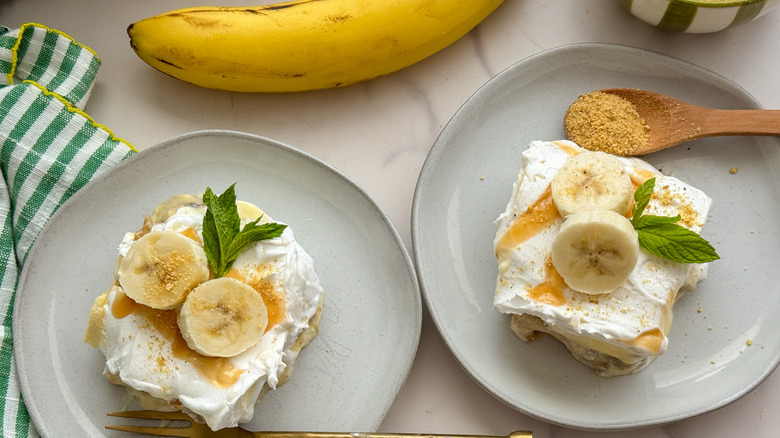 Slices of caramel banana icebox cake on plates