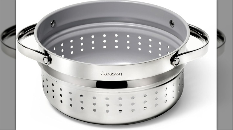 Silver steamer basket insert for a pot or Dutch oven.