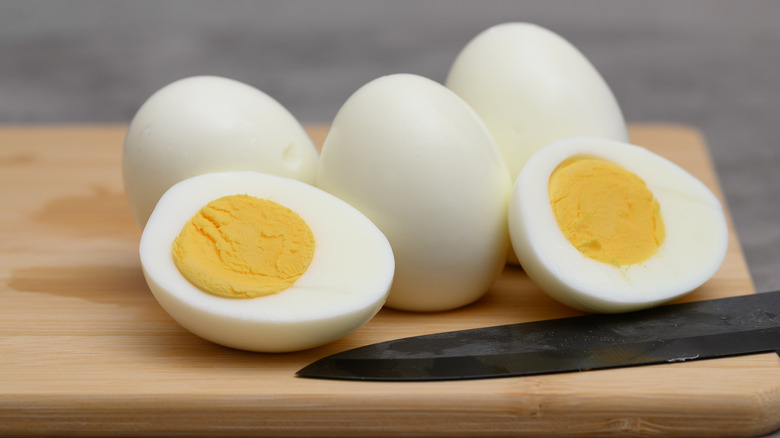 sliced hard boiled eggs cut in half