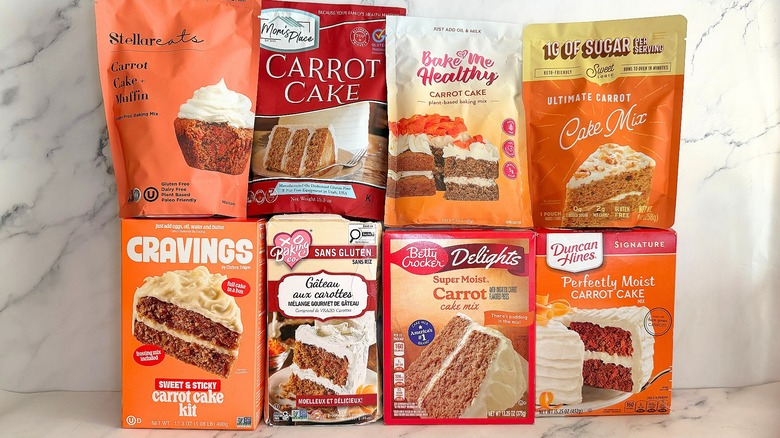 Eight carrot cake mixes on marble background