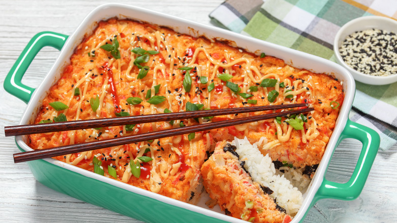 Sushi bake in casserole pan