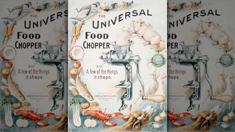An advertisement for the Universal Food Chopper, a model of cast-iron grinder, portraying several pigs going into the funnel of the grinder, with other ingredients circling around them