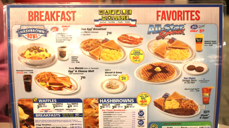 A laminated Waffle House menu showing breakfast items